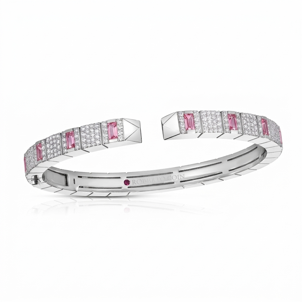 18k White Gold Obelisco Pave Diamond & Pink Sapphire Bangle