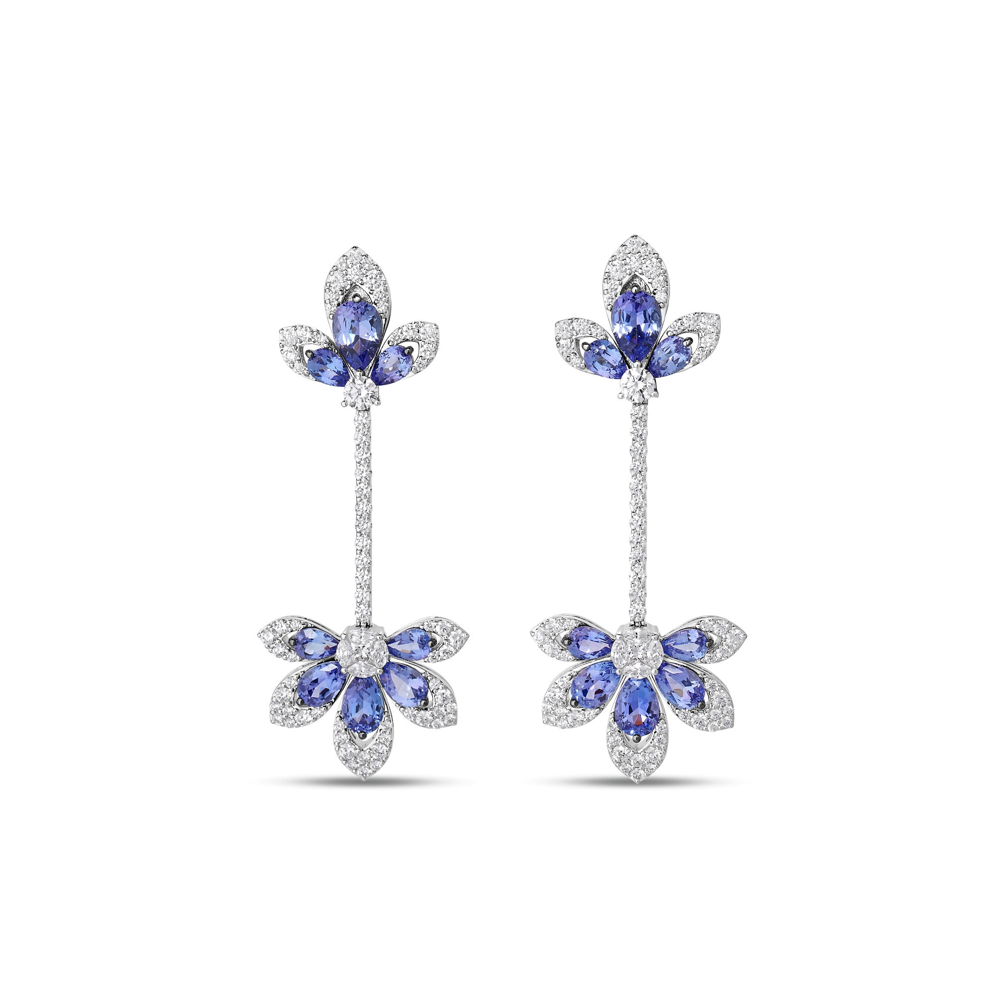 18k White Gold Tiare Pave Diamond And Tanzanite Flower Drop Earrings