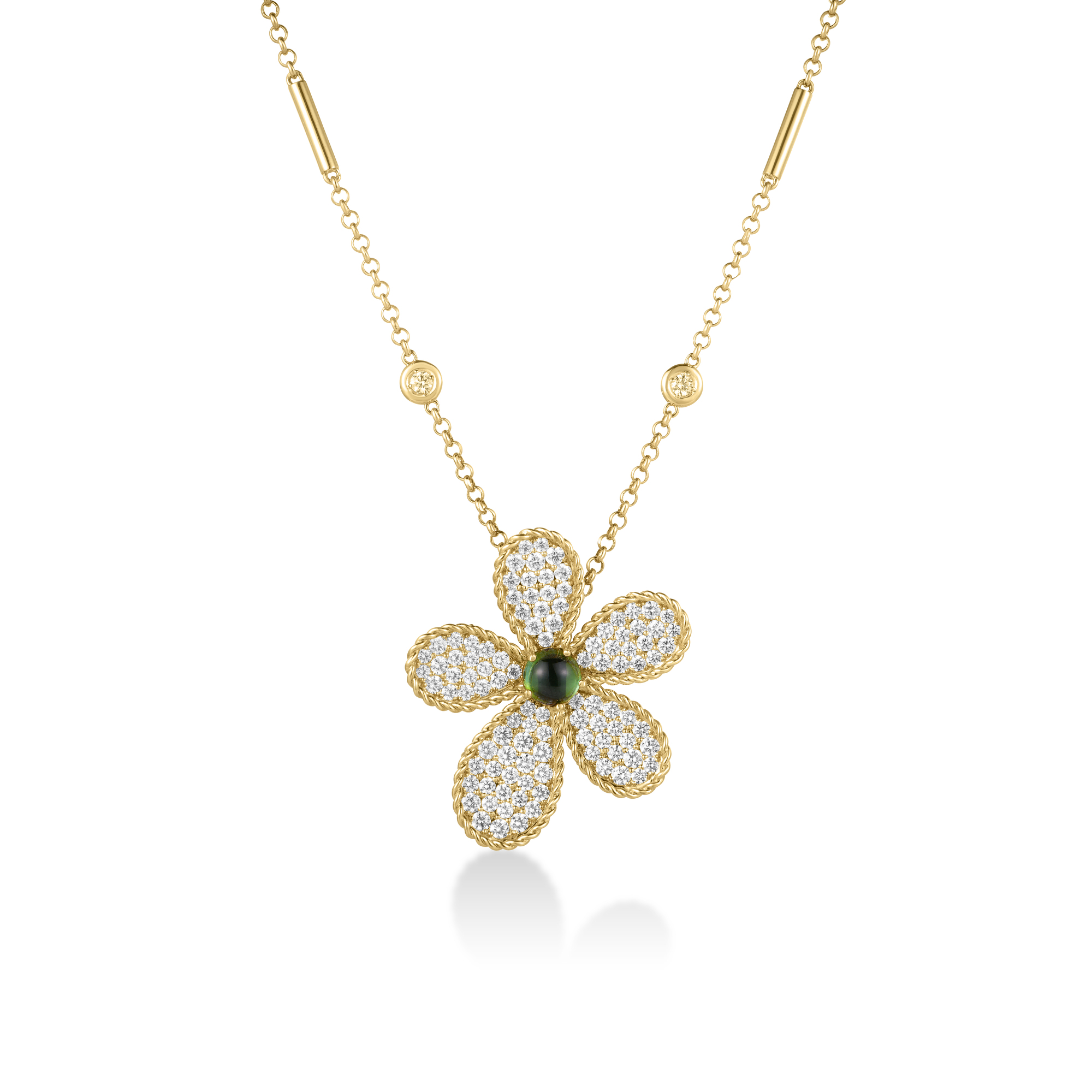 18k Yellow Gold Jasmine Pave Diamond & Green Tourmaline Flower Necklace
