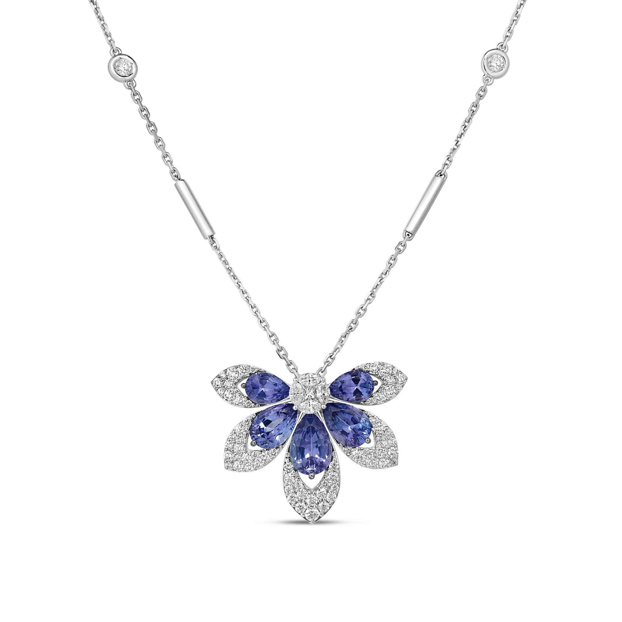 18k White Gold Tiare Diamond And Blue Tanzanite Flower Necklace