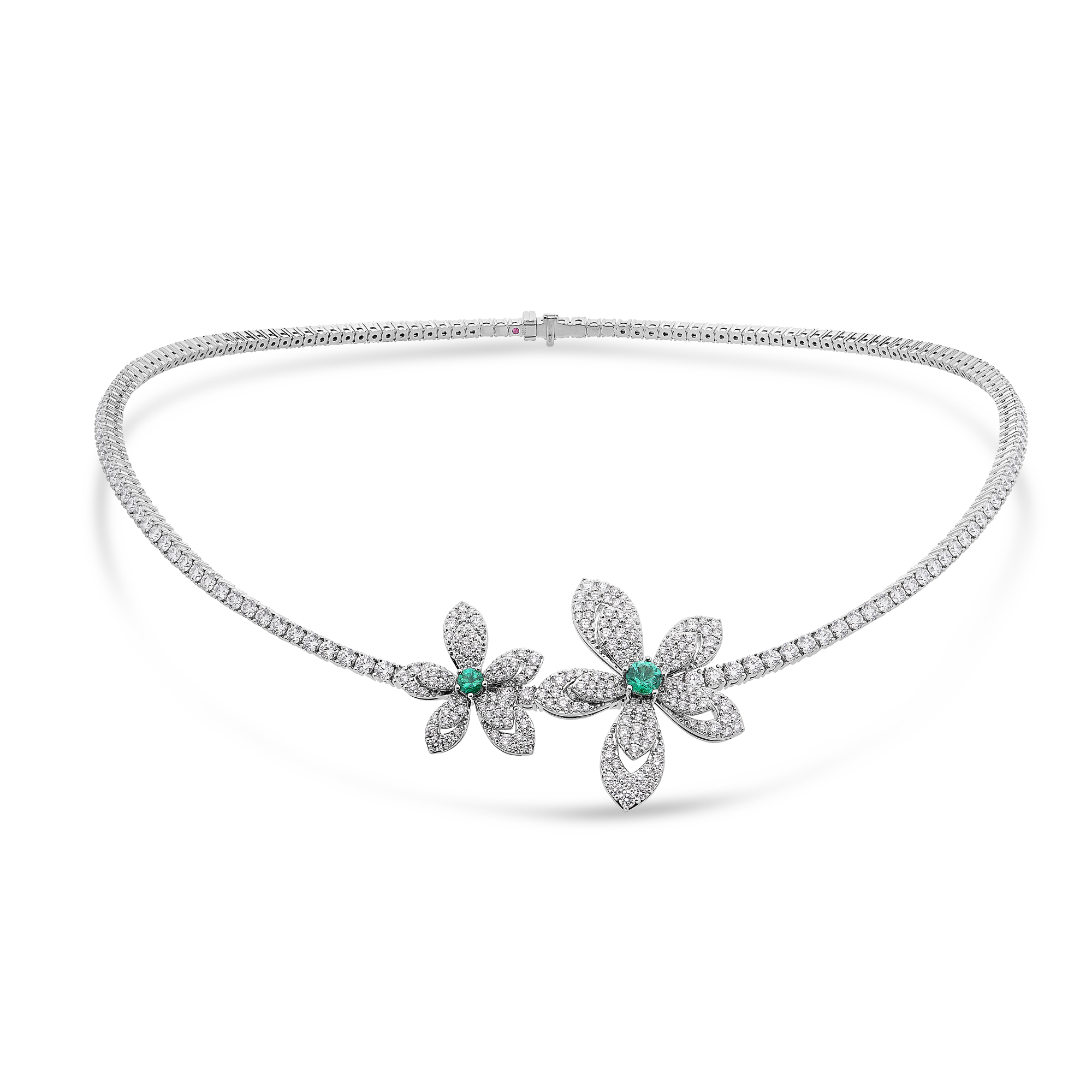 18k White Gold Tiare Pave Diamond And Emerald Flowers Rigid Collar Necklace