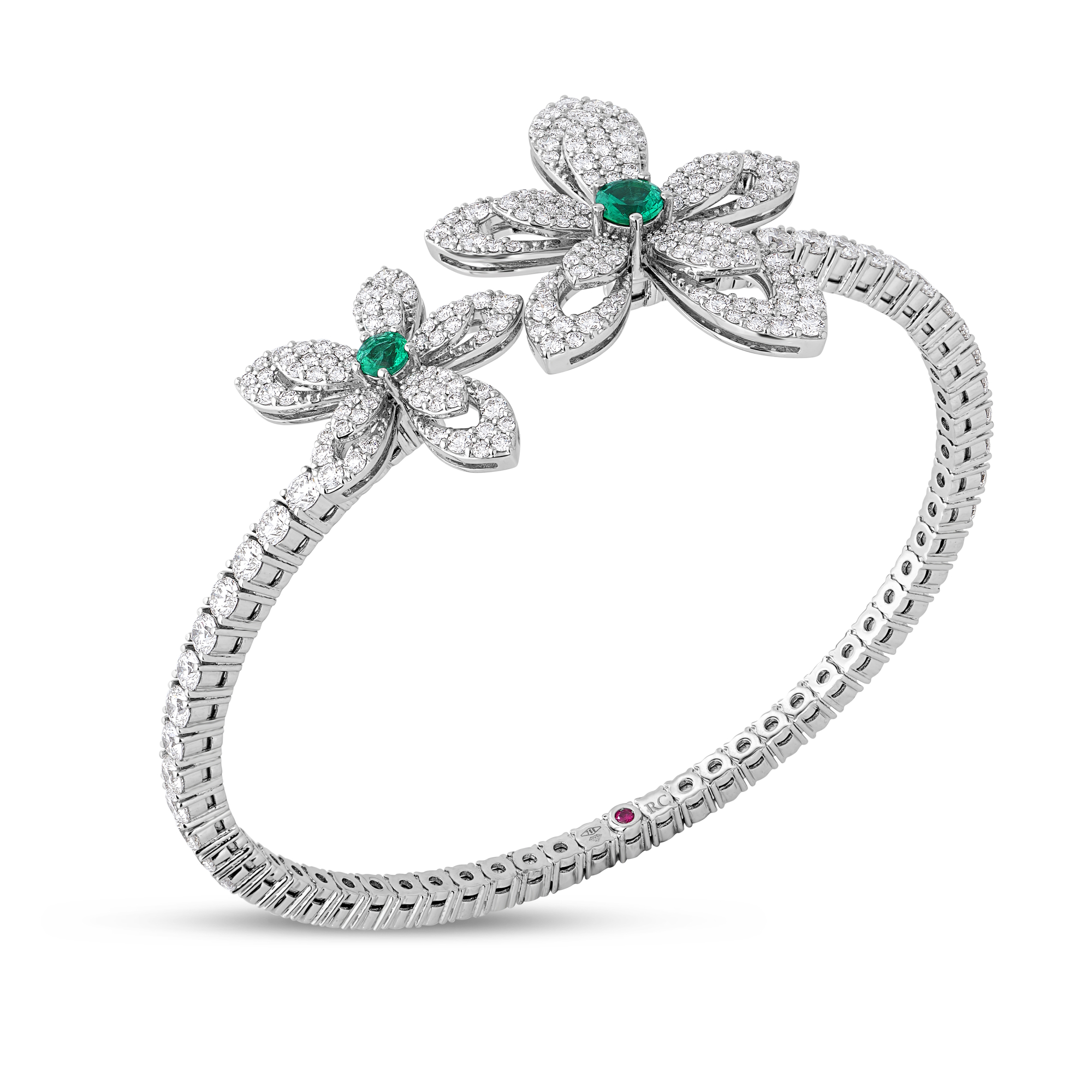 18k White Gold Tiare Pave Diamond And Emerald Flowers Cuff Bangle