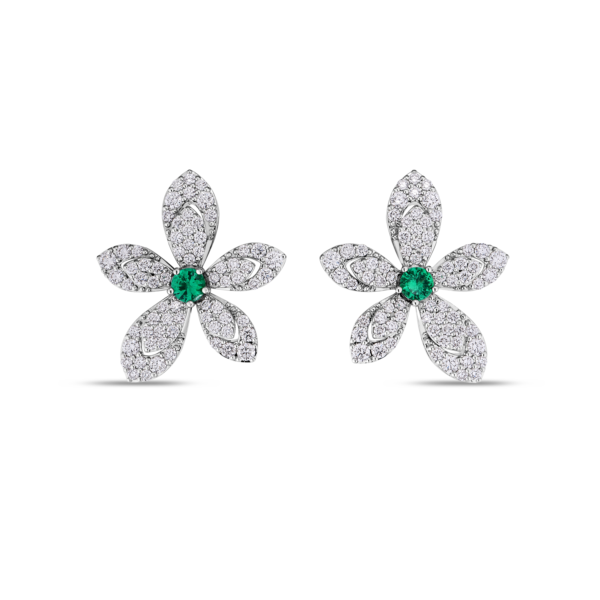 18k White Gold Tiare Diamond And Emerald Flower Stud Earrings