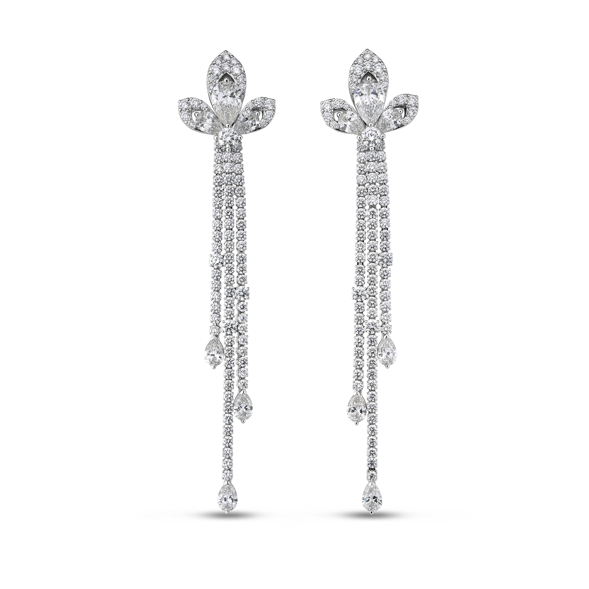 18k White Gold Tiare Three Strand Diamond Dangle Earrings