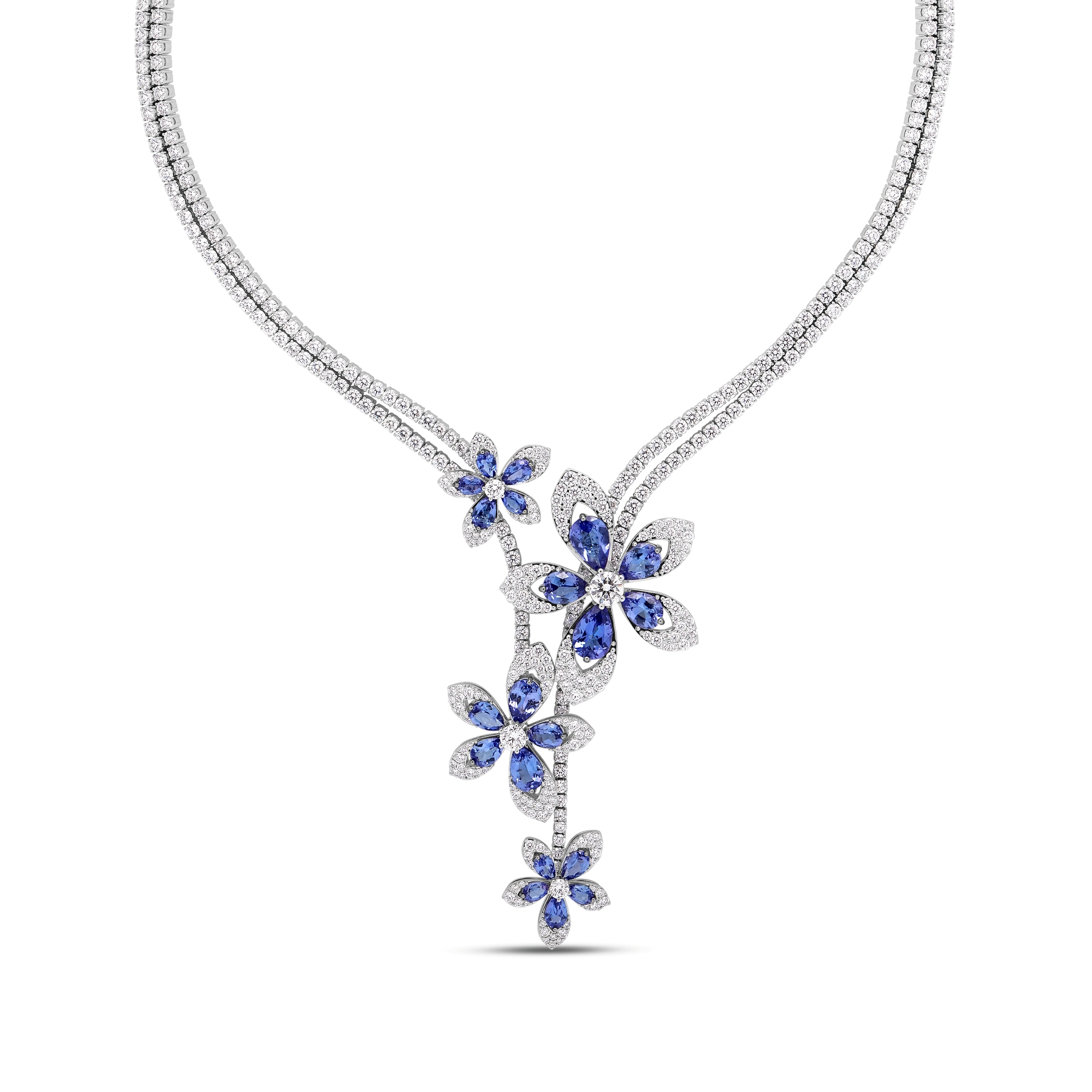 18k White Gold Tiare Diamond And Tanzanite Flower Necklace