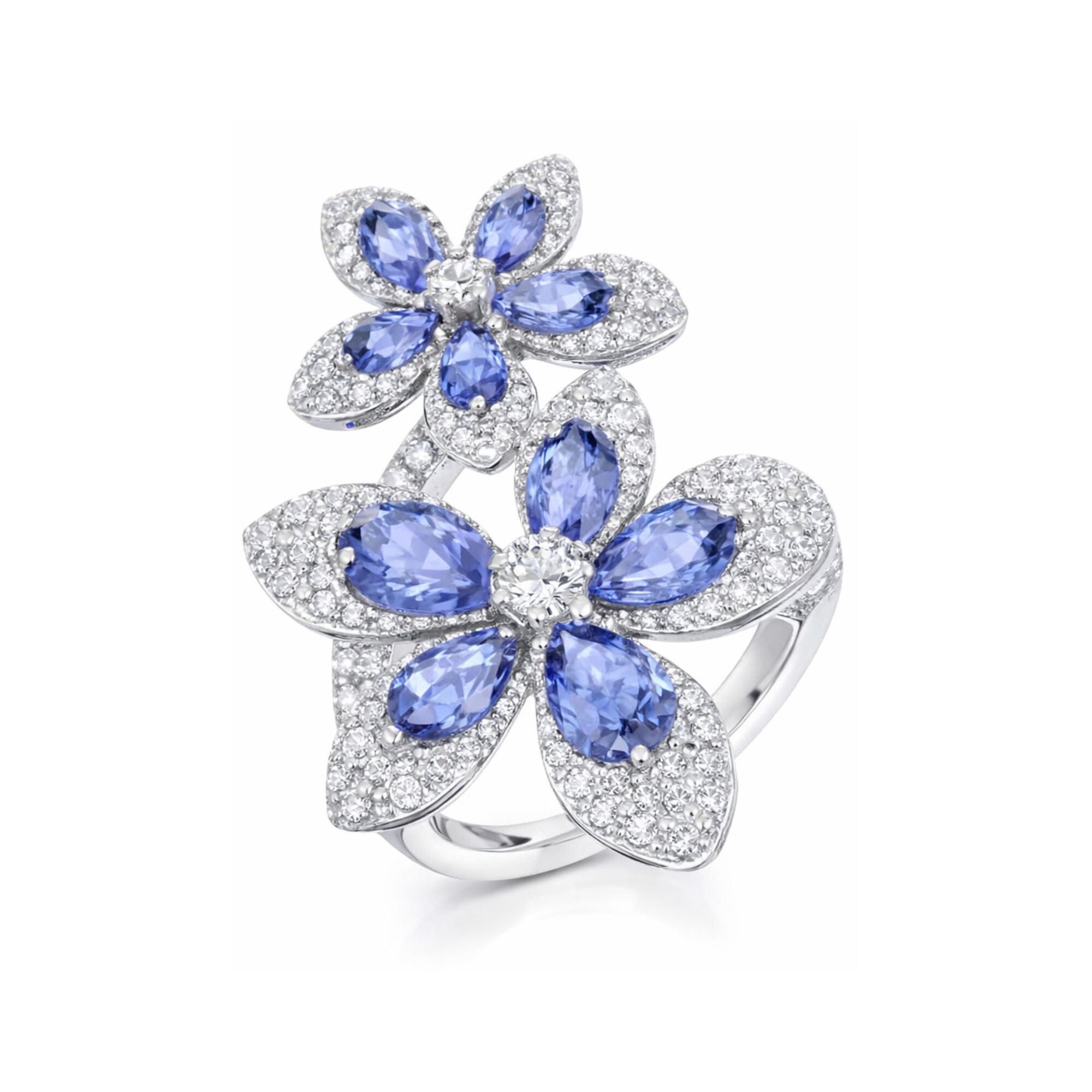 18k White Gold Tiare Diamond And Tanzanite Flowers Bypass Ring