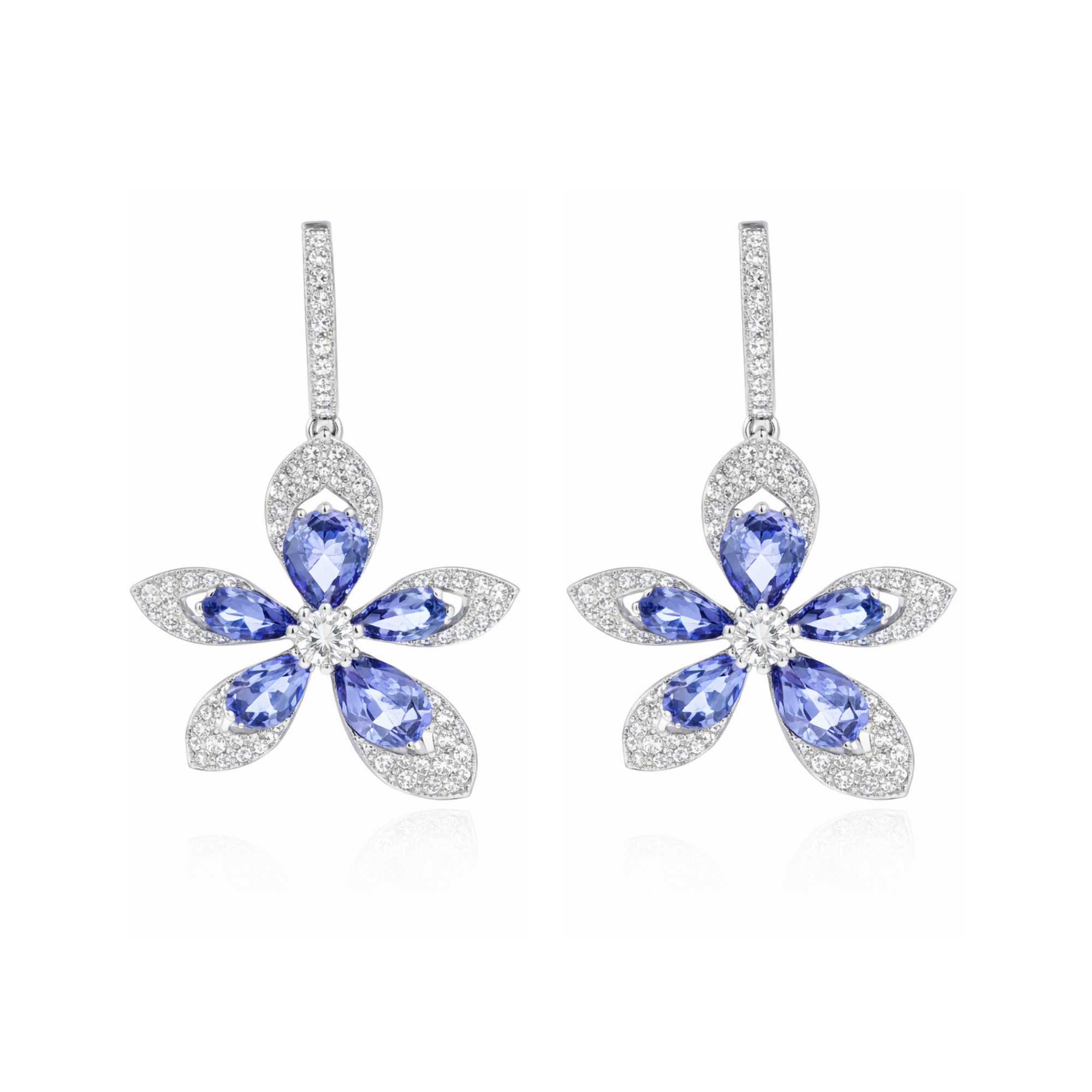 18k White Gold Tiare Diamond And Tanzanite Flower Drop Earrings