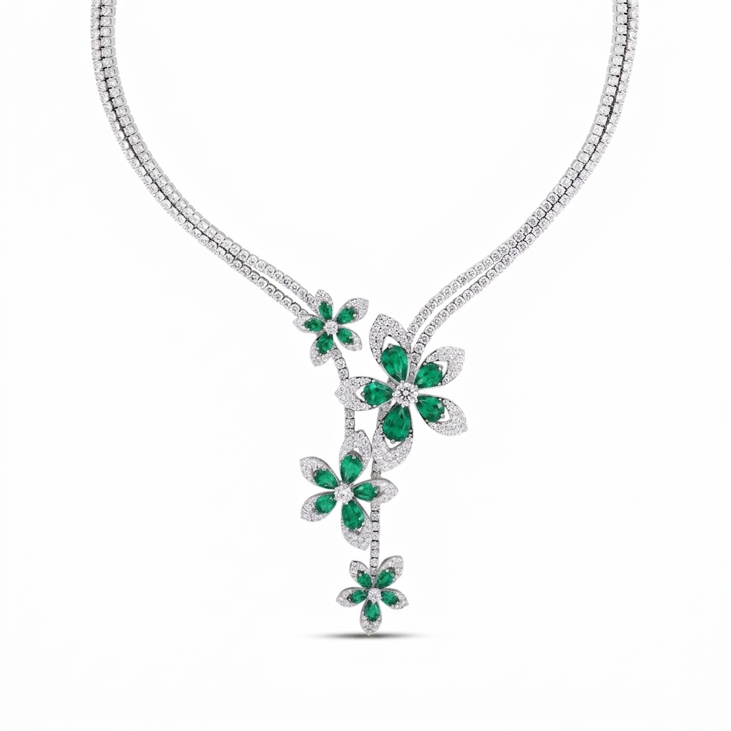 18k White Gold Tiare Pave Diamond And Green Tourmaline Multi-flower Necklace Necklace