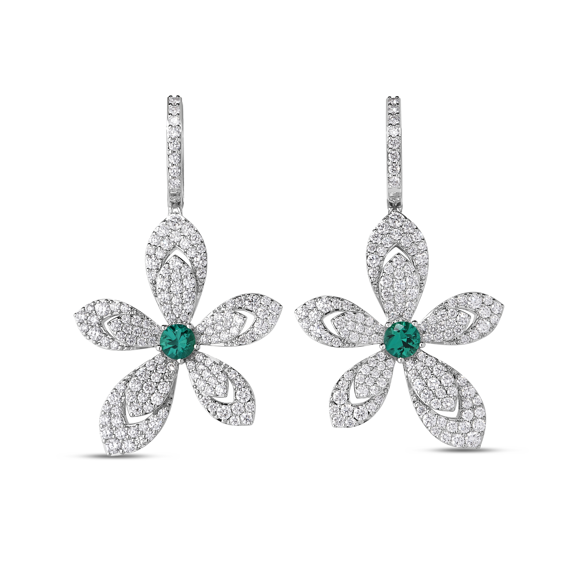 18k White Gold Tiare Diamond And Emerald Flower Drop Earrings