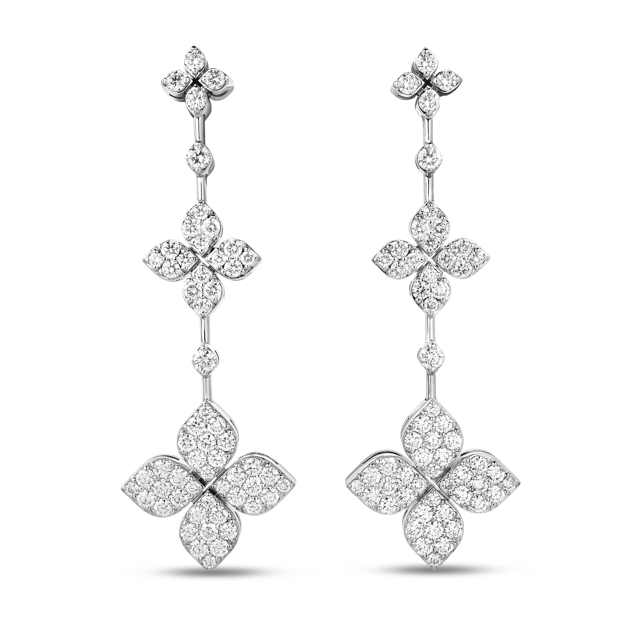 18k White Gold Love In Verona Pave Diamond Triple Flower Dangle Earrings