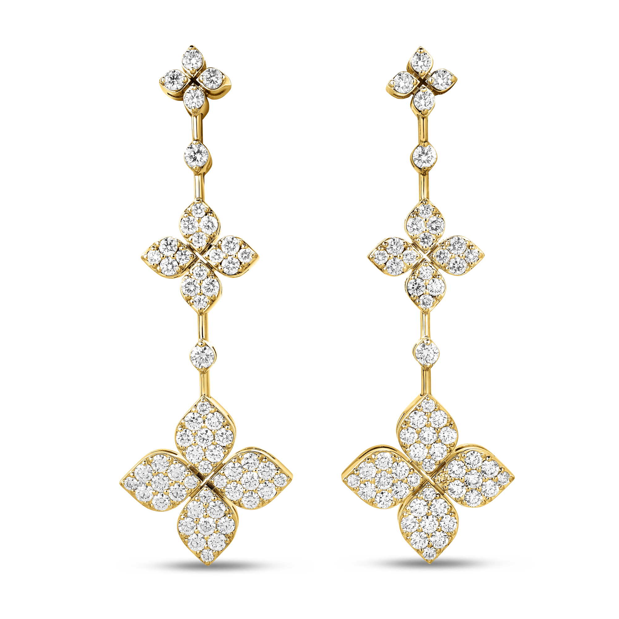 18k Yellow Gold Love In Verona Pave Diamond Triple Flower Dangle Earrings