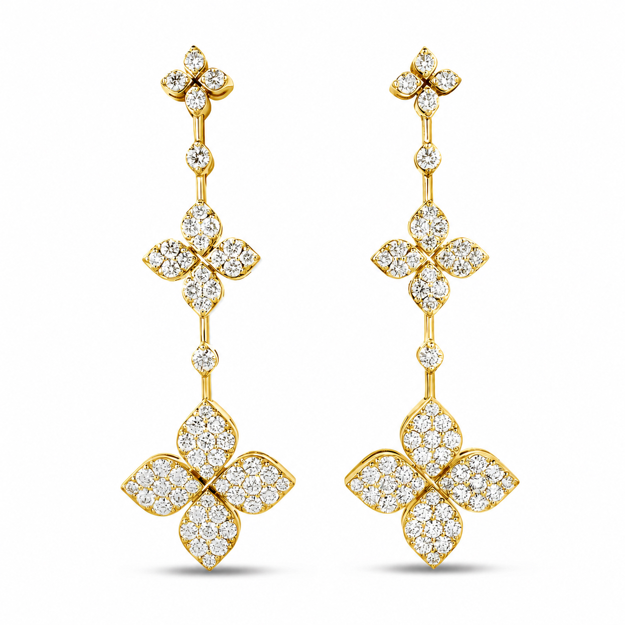 18k Yellow Gold Love In Verona Pave Diamond Triple Flower Dangle Earrings