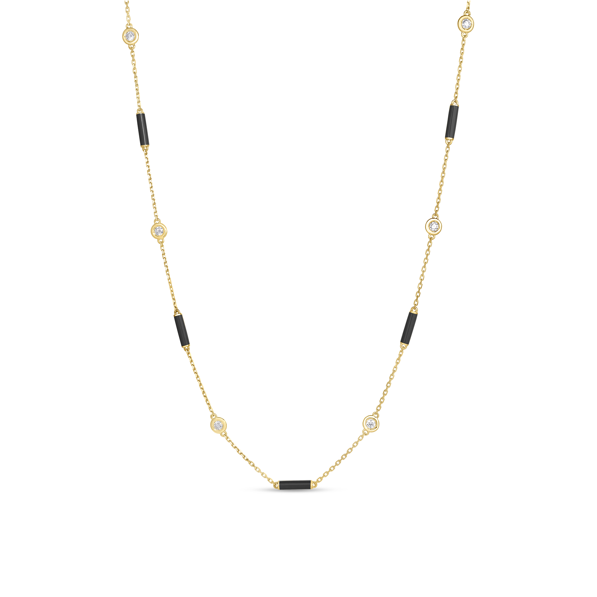 18k Yellow Gold Diamonds By The Inch Black Ceramic Enamel Bar And Bezel Station Long Necklace