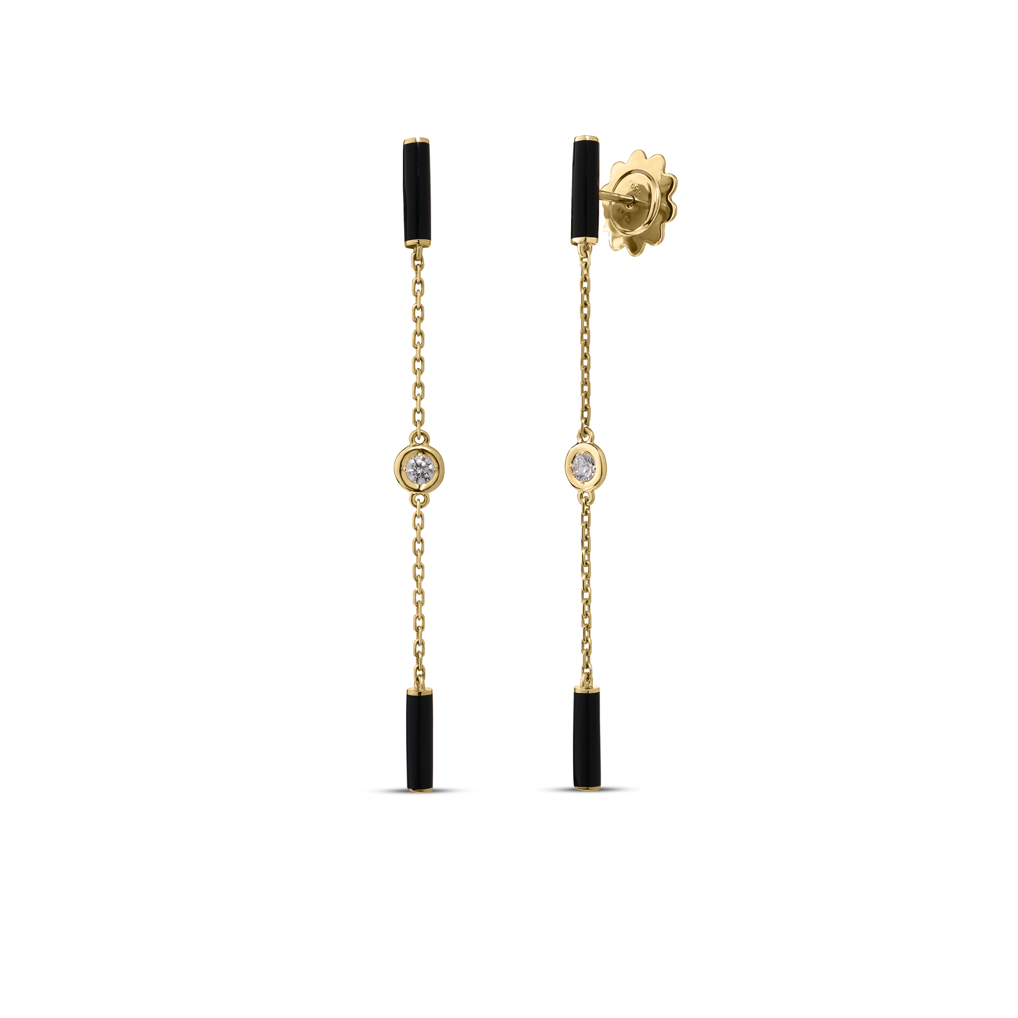 18k Yellow Gold Diamonds By The Inch Black Ceramic Enamel Bar And Bezel Station Dangle Earrings
