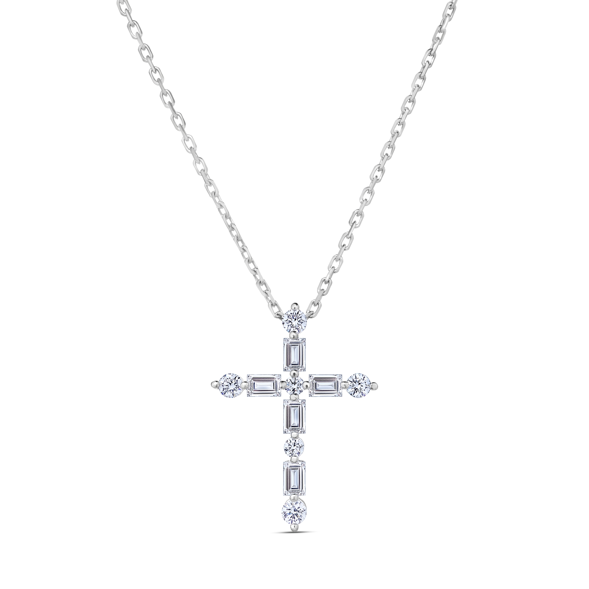 18k White Gold Classic Diamond Brilliant And Emerald Cut Cross Necklace