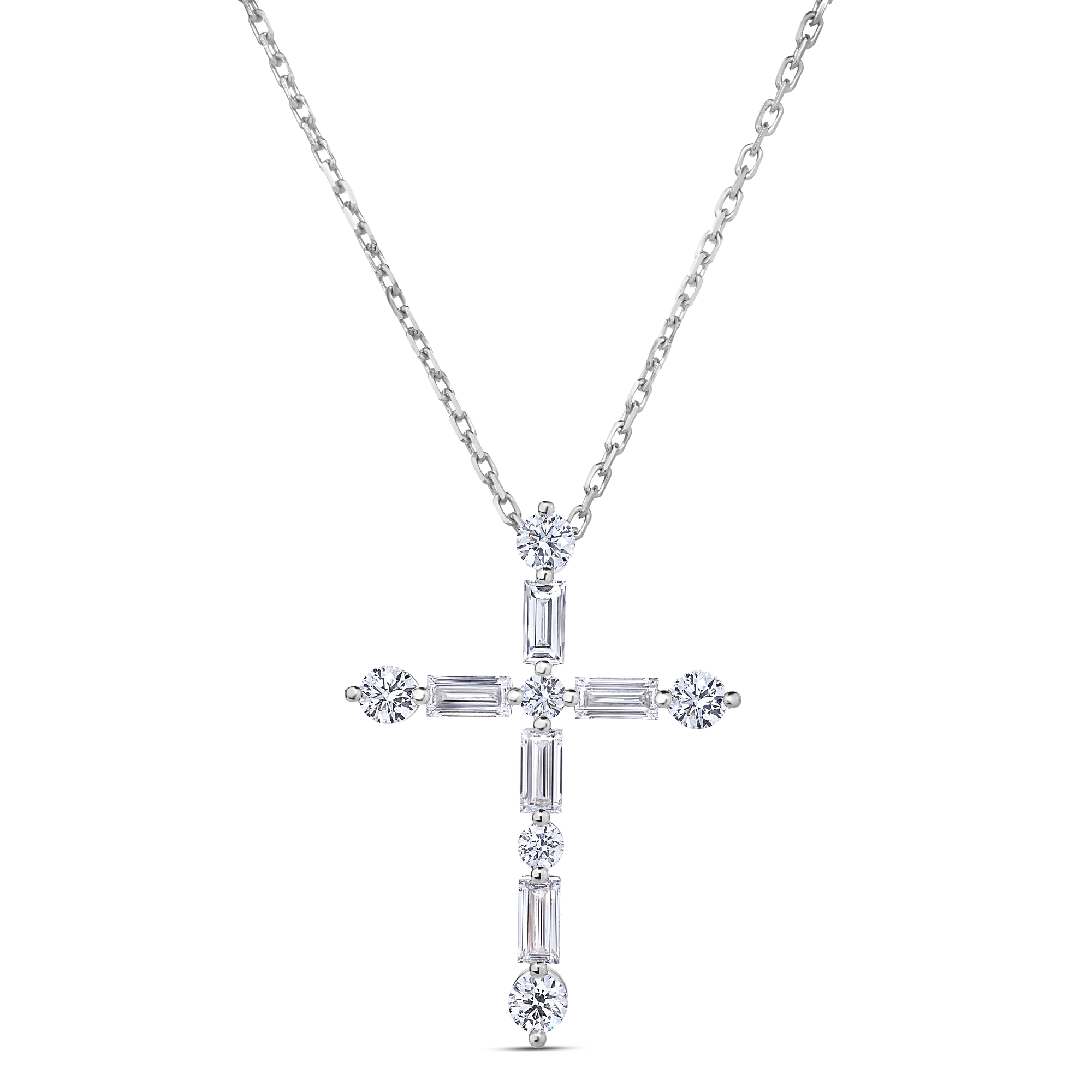 18k White Gold Classic Diamond Large Brilliant And Emerald Cut Cross Necklace