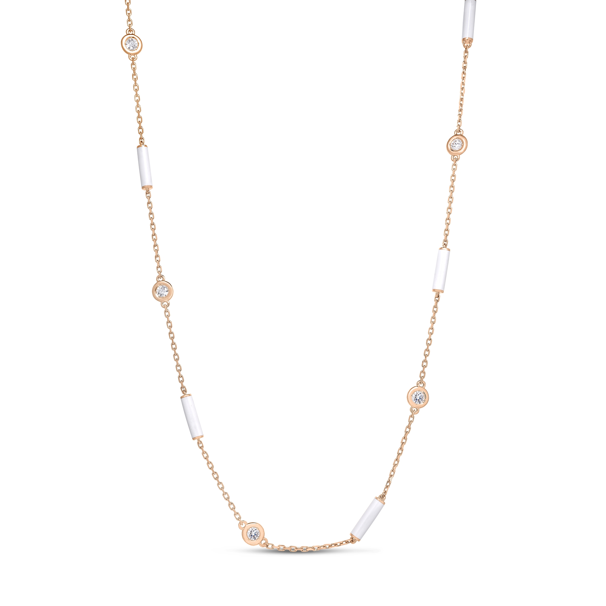 18k Rose Gold Diamonds By The Inch White Enamel Bar And Bezel Station Long Necklace