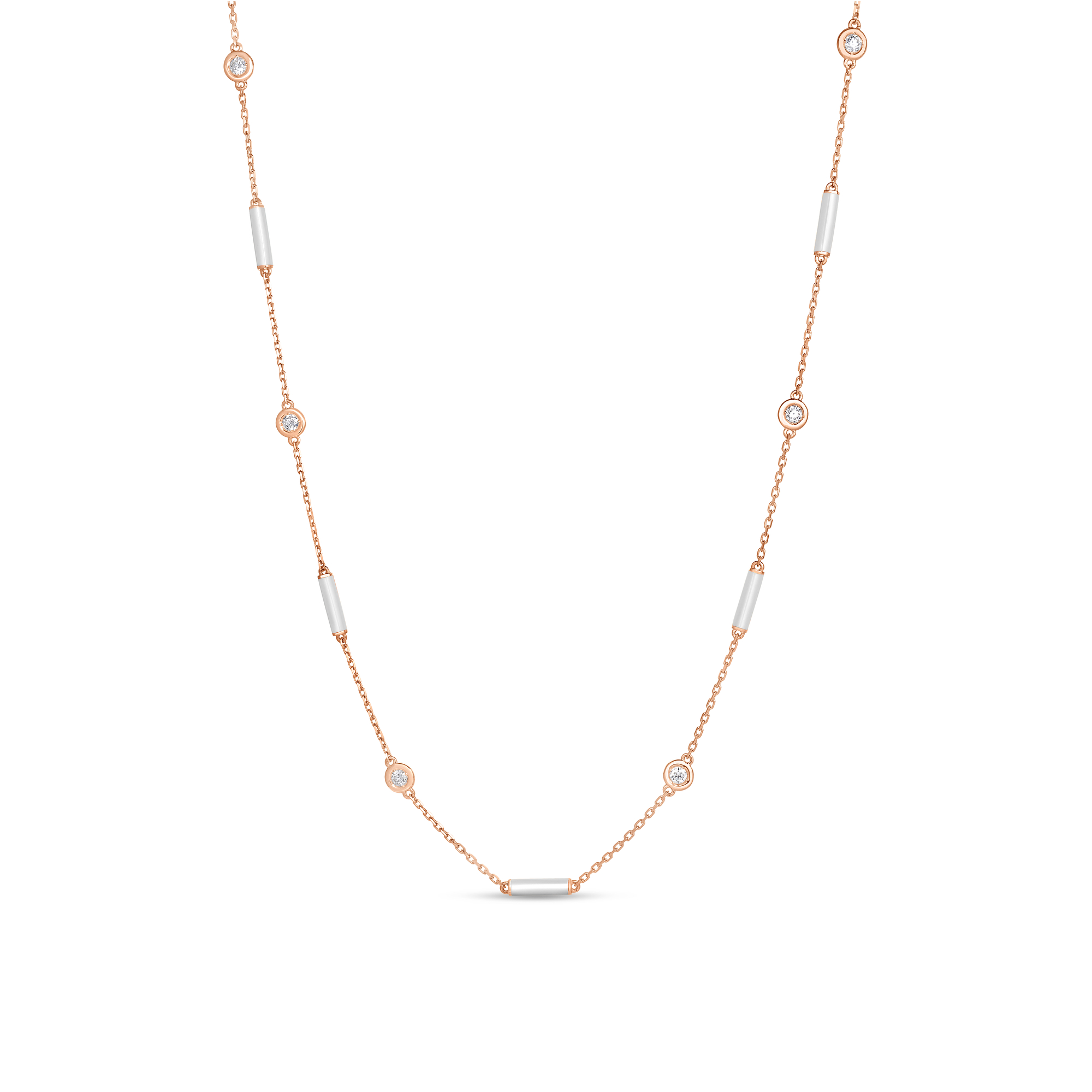 18k Rose Gold Diamonds By The Inch White Ceramic Enamel Bar And Bezel Station Necklace