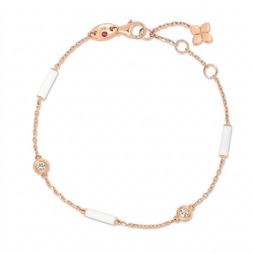 18k Rose Gold Diamonds By The Inch White Enamel Bar And Bezel Station Bracelet