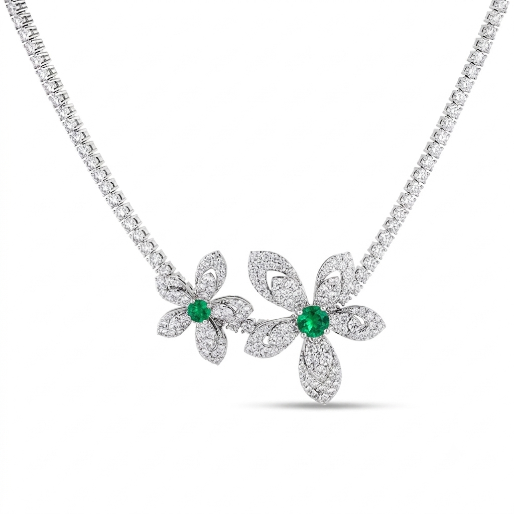 18k White Gold Tiare Pave Diamond And Emerald Flowers Collar Necklace