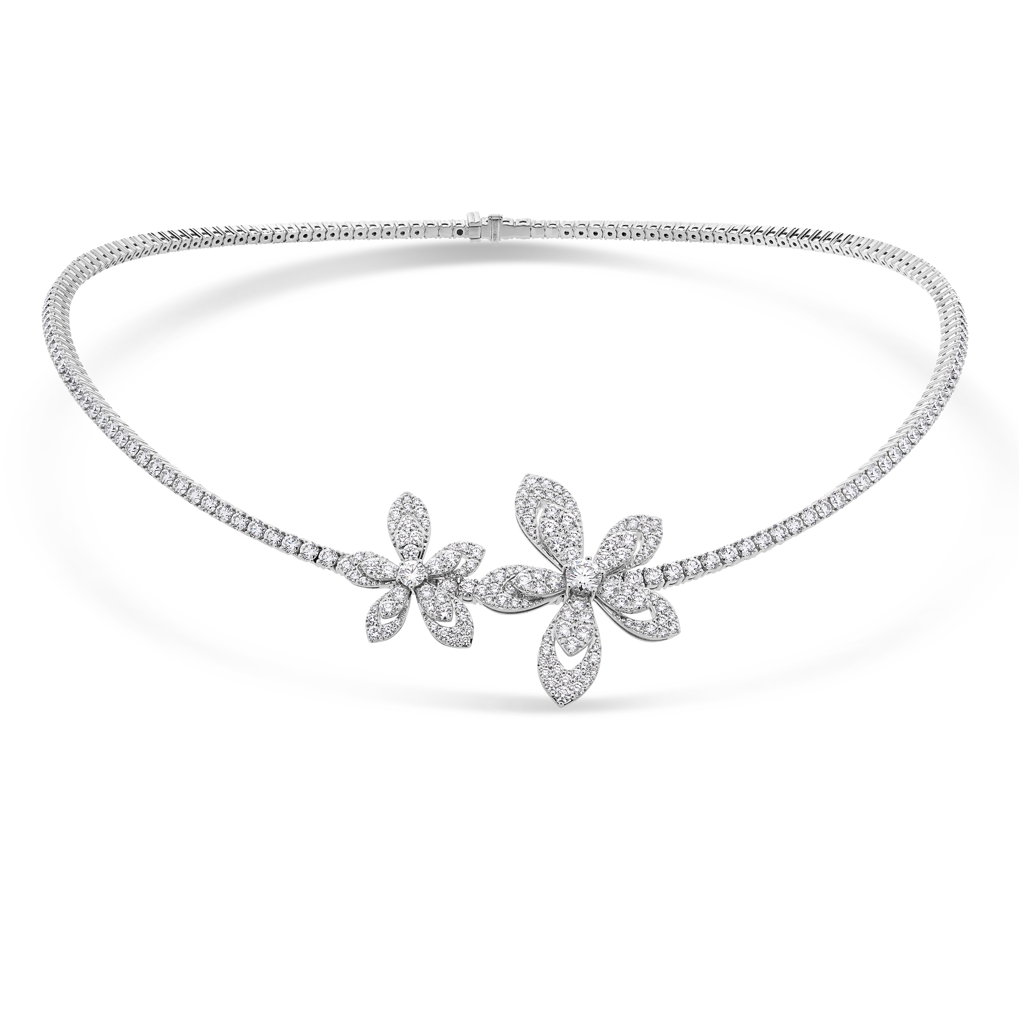 18k White Gold Tiare Pave Diamond Flowers Rigid Collar Necklace