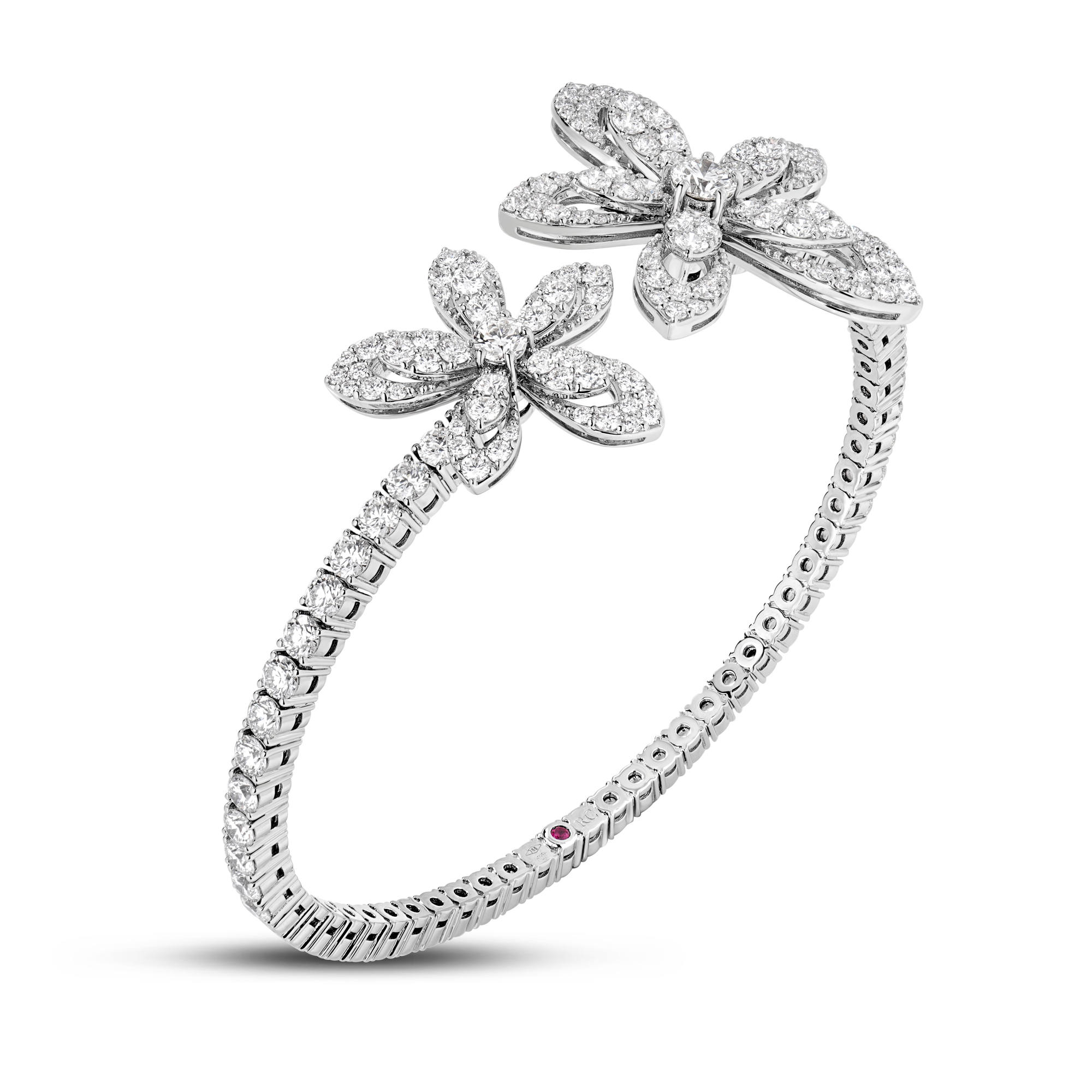 18k White Gold Tiare Pave Diamond Flowers Cuff Bangle