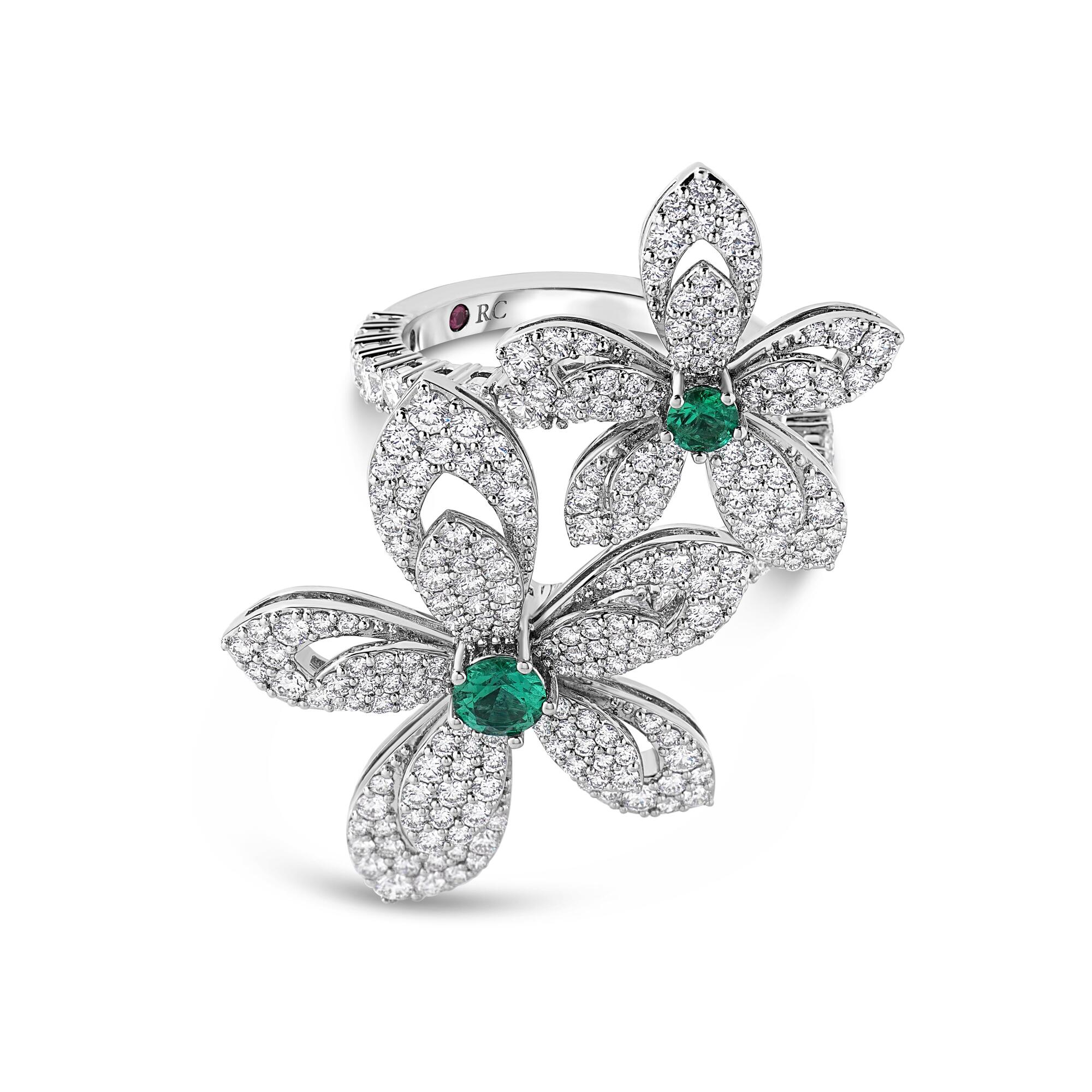18k White Gold Tiare Pave Diamond And Emerald Double Flower Ring