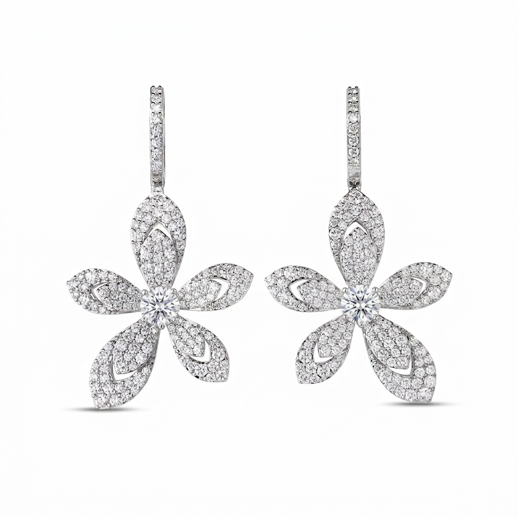 18k White Gold Tiare Pave Diamond Flower Drop Earrings
