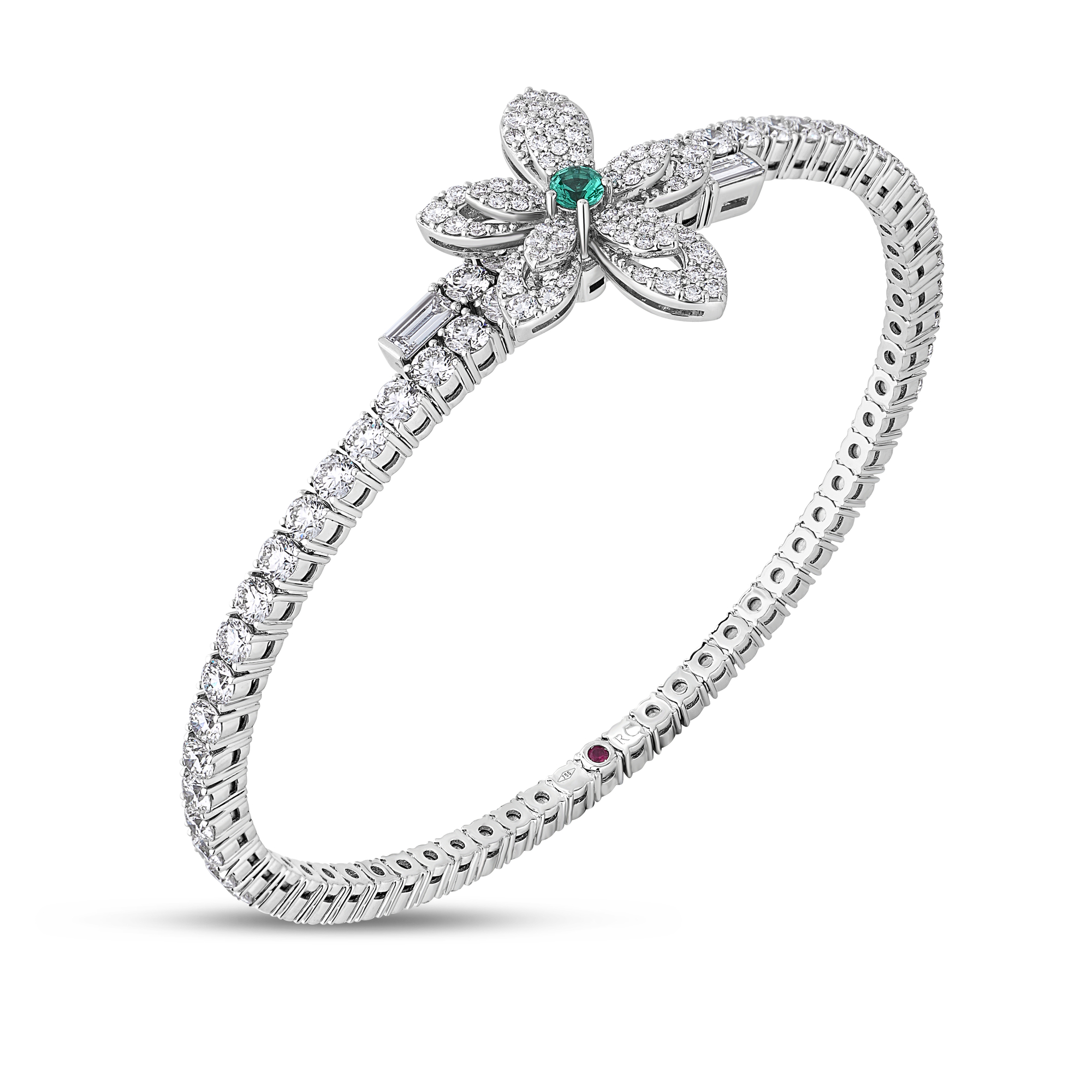 18k White Gold Tiare Pave Diamond And Emerald Flower Cuff Bangle