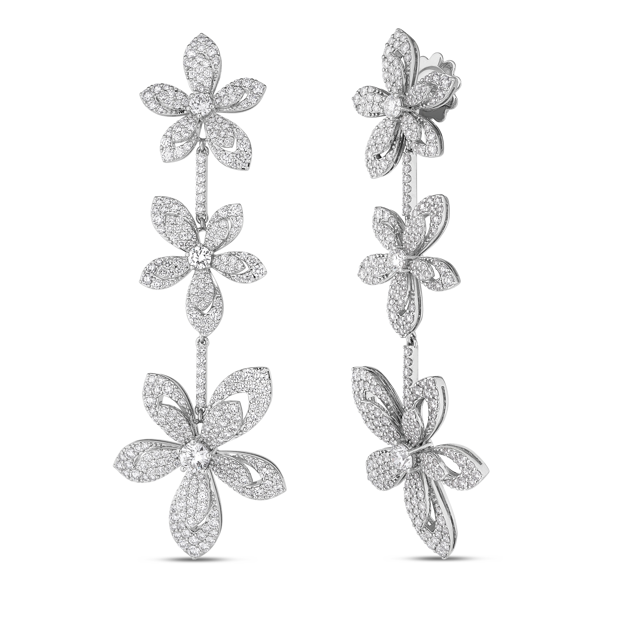 18k White Gold Tiare Pave Diamond Triple Flower Dangle Earrings