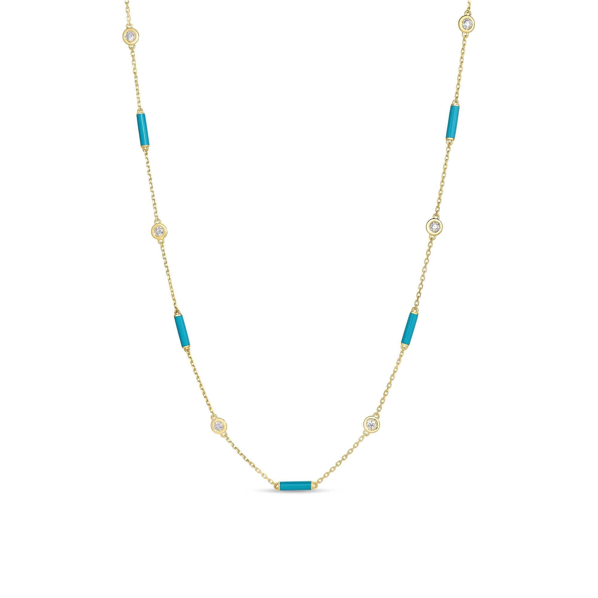 18k Yellow Gold Diamonds By The Inch Turquoise Enamel Bar And Bezel Station Necklace