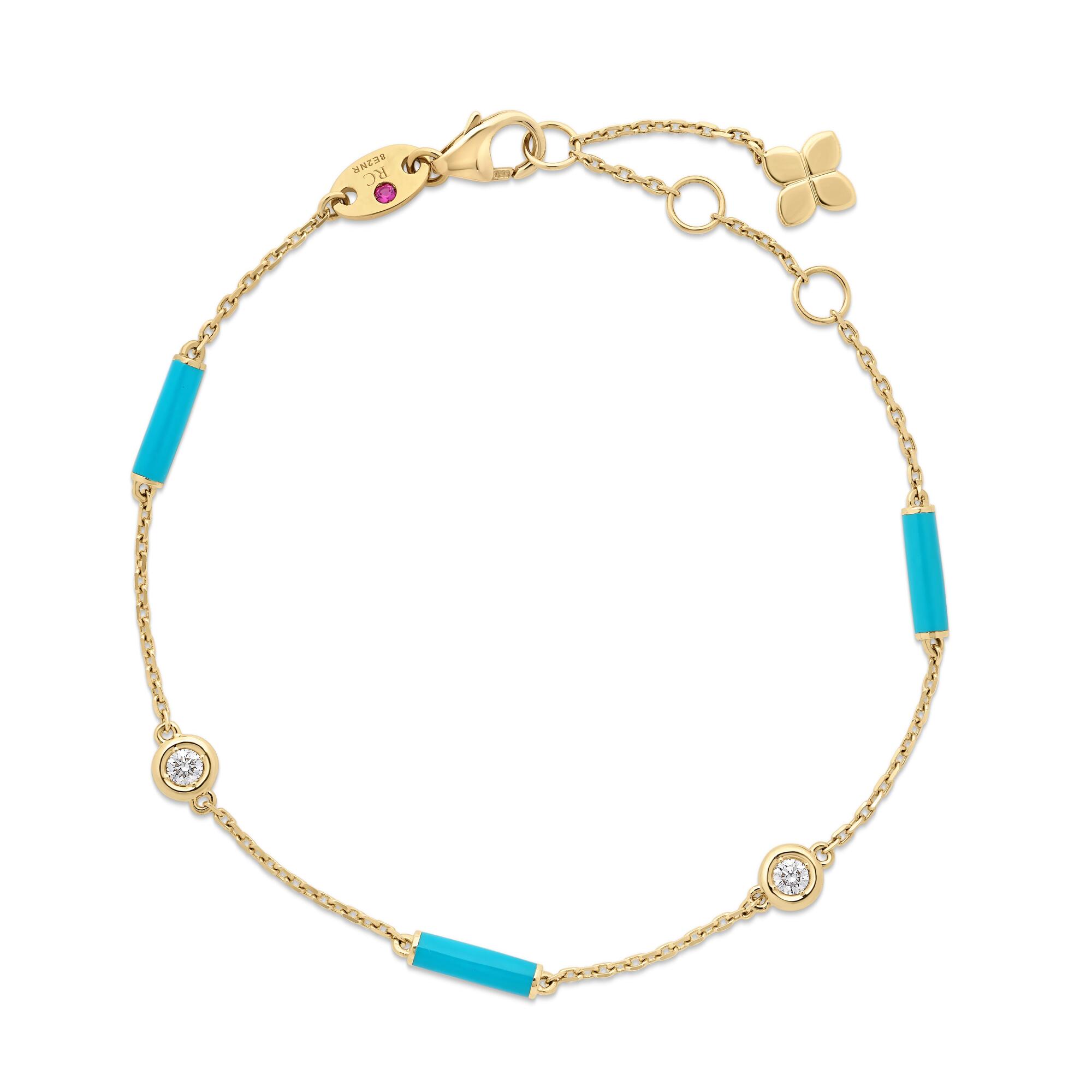 18k Yellow Gold Diamonds By The Inch Turquoise Enamel Bar And Bezel Station Bracelet