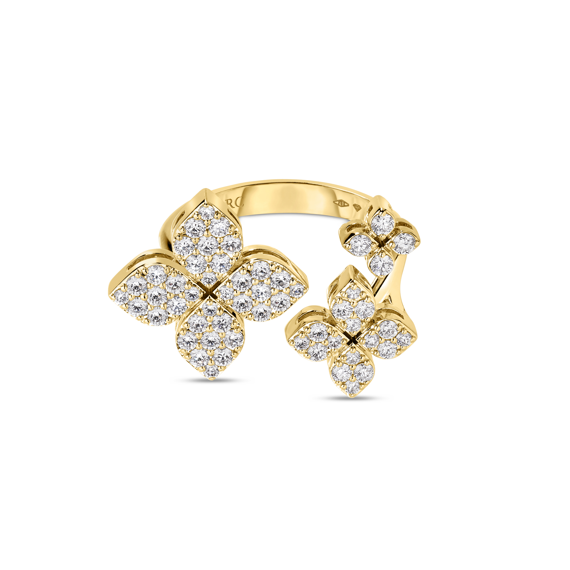 18k Yellow Gold Love In Verona Pave Diamond Triple Flower Ring