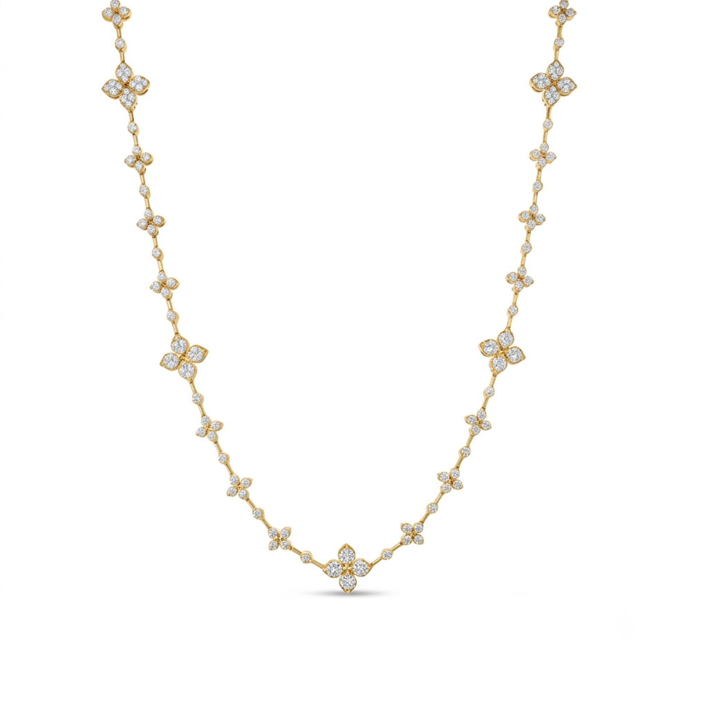 18k White Gold Love In Verona Pave Diamond Alternating Flowers Necklace