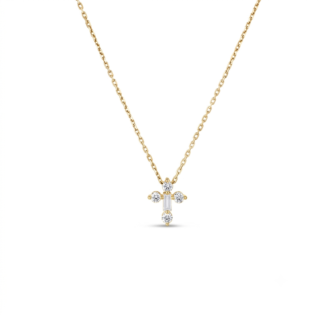 18k Yellow Gold Diamond Princess Mini Cross Necklace