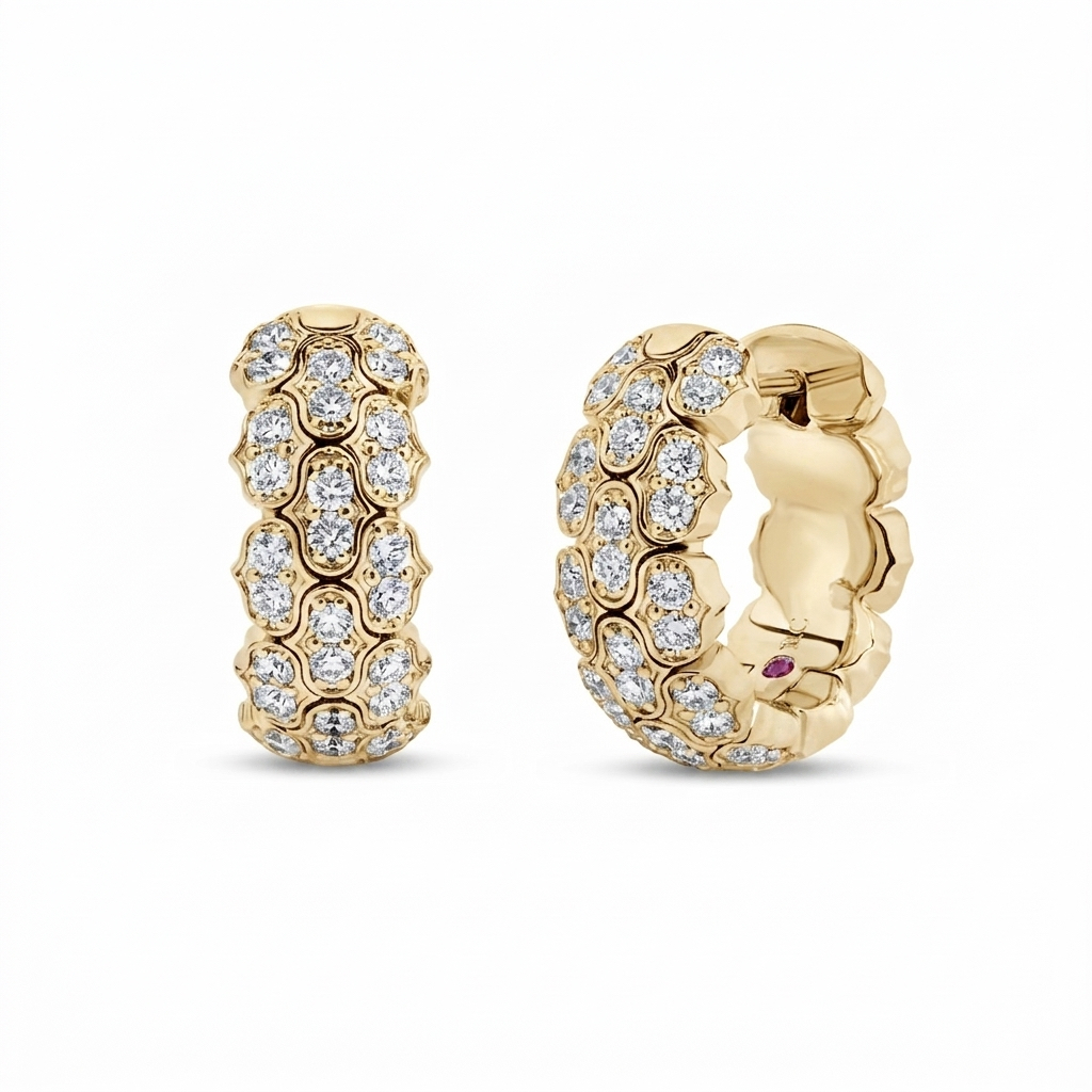 18k Yellow Gold Cobra Narrow Pave Diamond Hoop Earrings