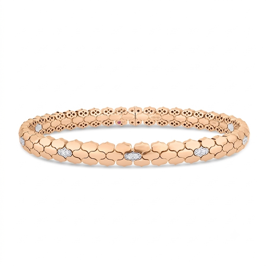 18k Rose/white Gold Cobra Narrow Diamond Cuff Bangle