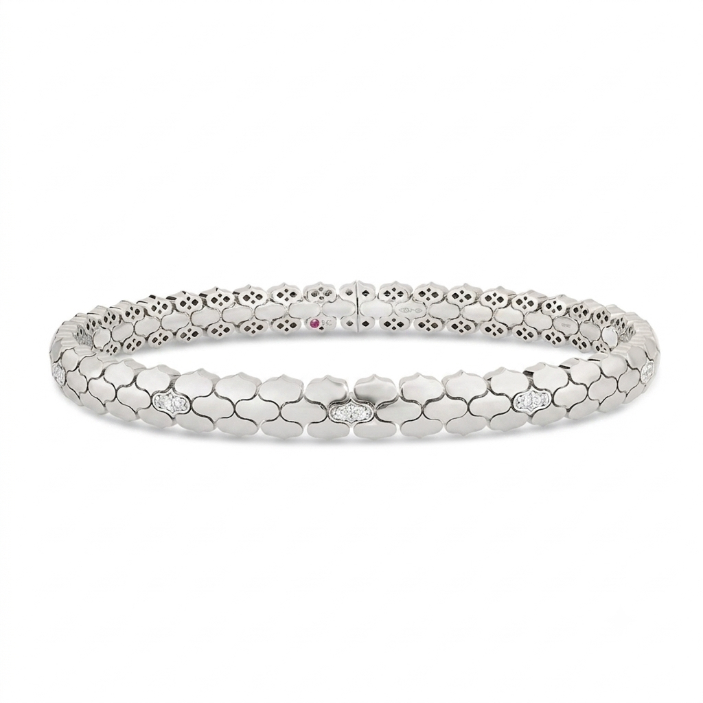 18k White Gold Cobra Narrow Diamond Cuff Bangle