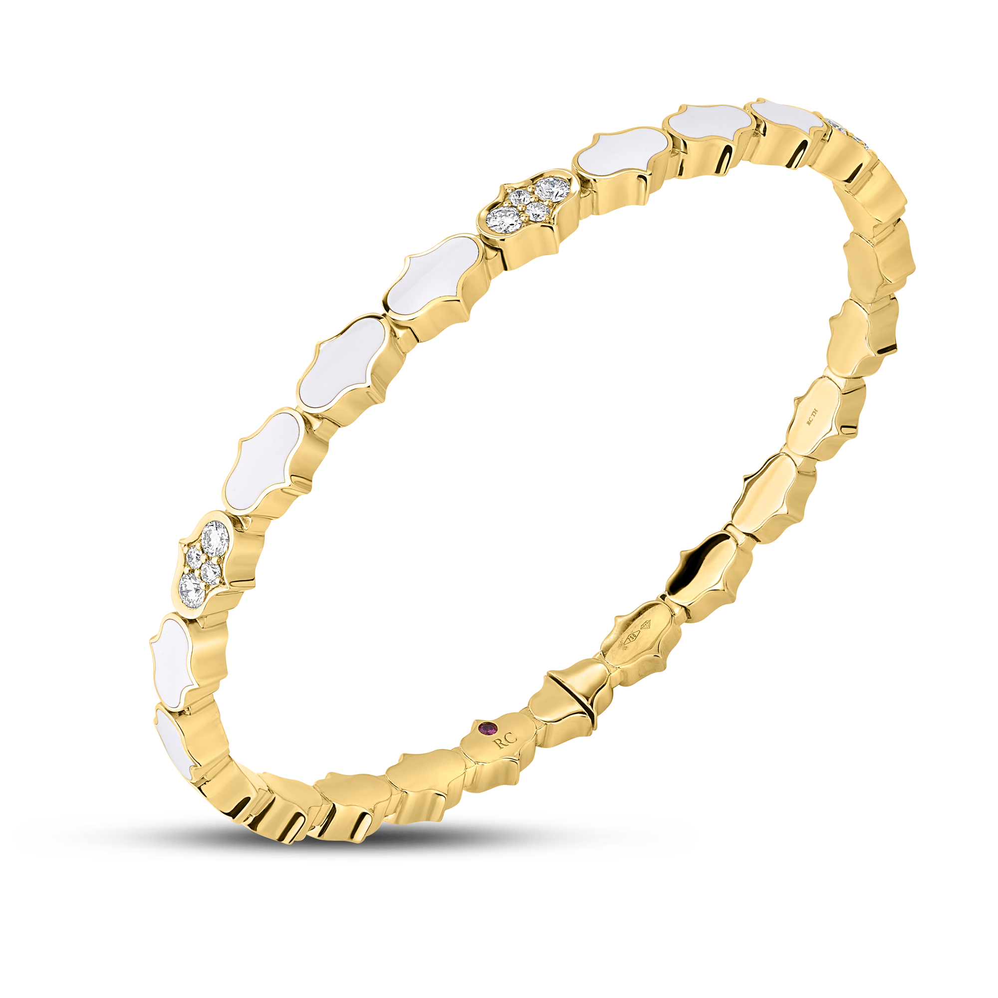 18k Yellow Gold Cobra Single Row Diamond & White Enamel Cuff Bangle