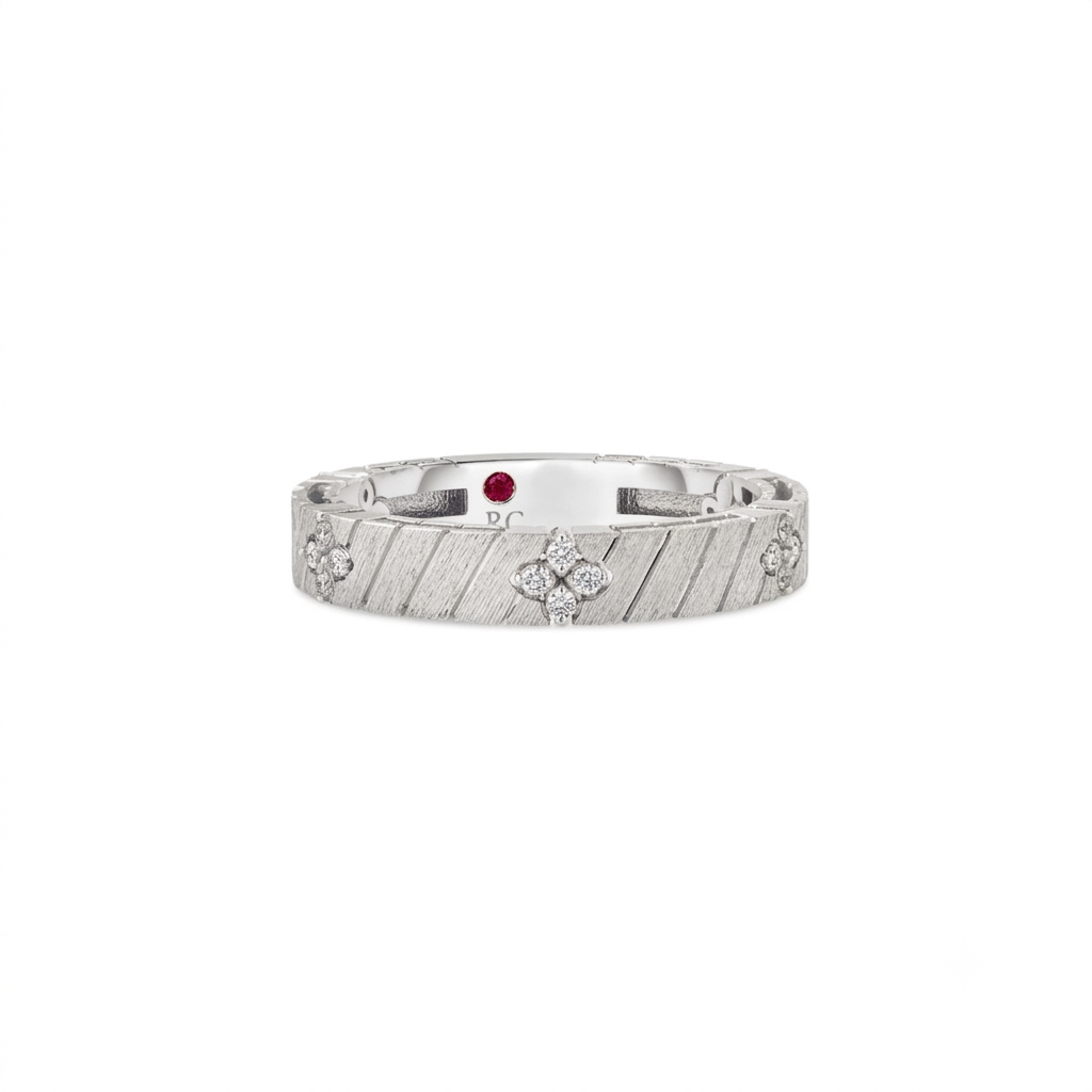 18k White Gold Love In Verona Narrow Ridged And Satin Finish Diamond Ring