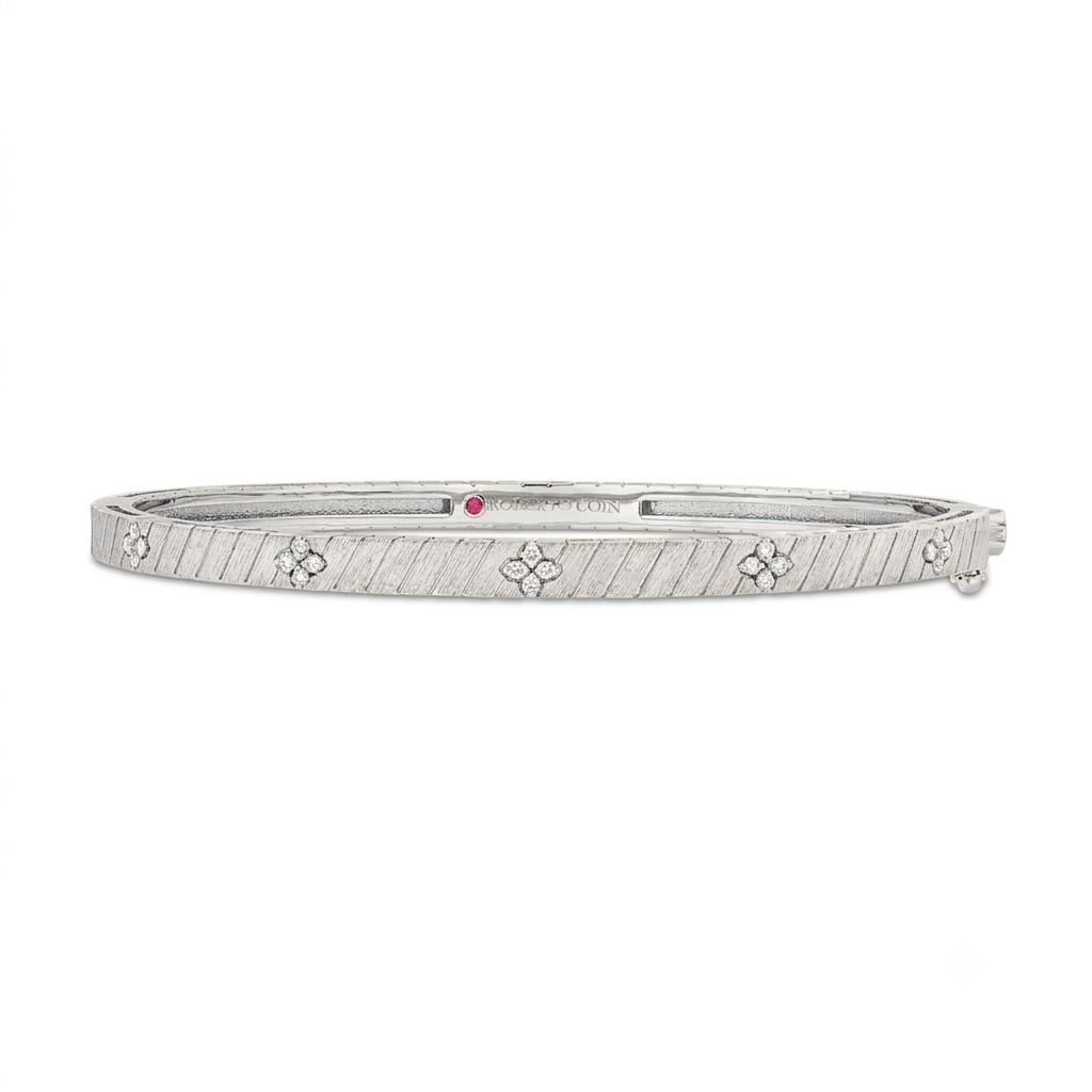 18k White Gold Love In Verona Narrow Ridged And Satin Finish Diamond Bangle
