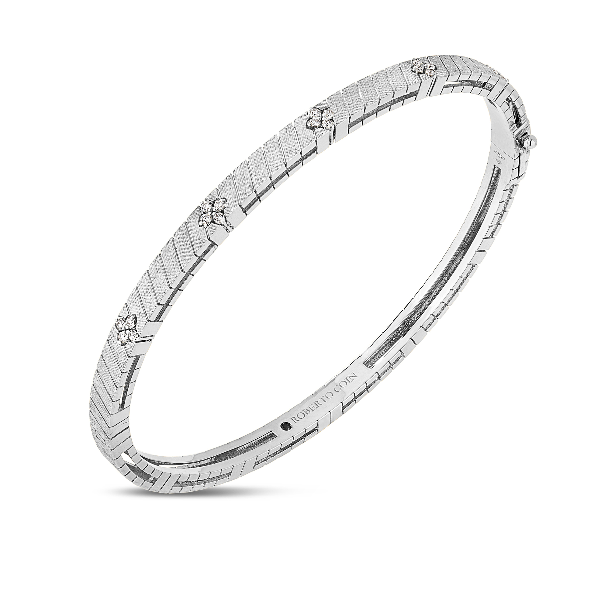 18k White Gold Love In Verona Narrow Ridged And Satin Finish Diamond Bangle