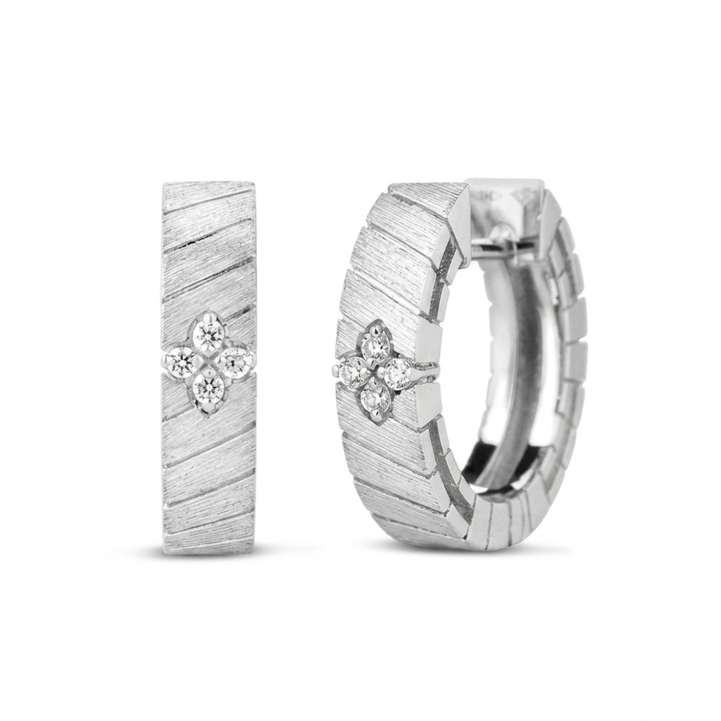 18k White Gold Love In Verona Narrow Ridged And Satin Finish Diamond Hoop Earrings
