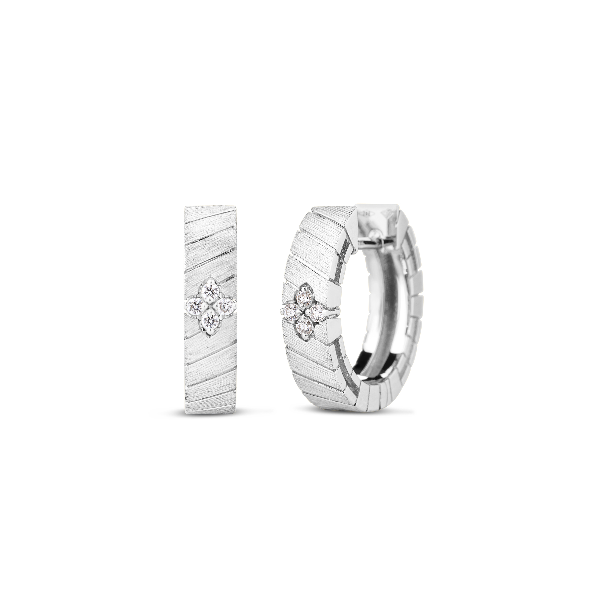 18k White Gold Love In Verona Narrow Ridged And Satin Finish Diamond Hoop Earrings