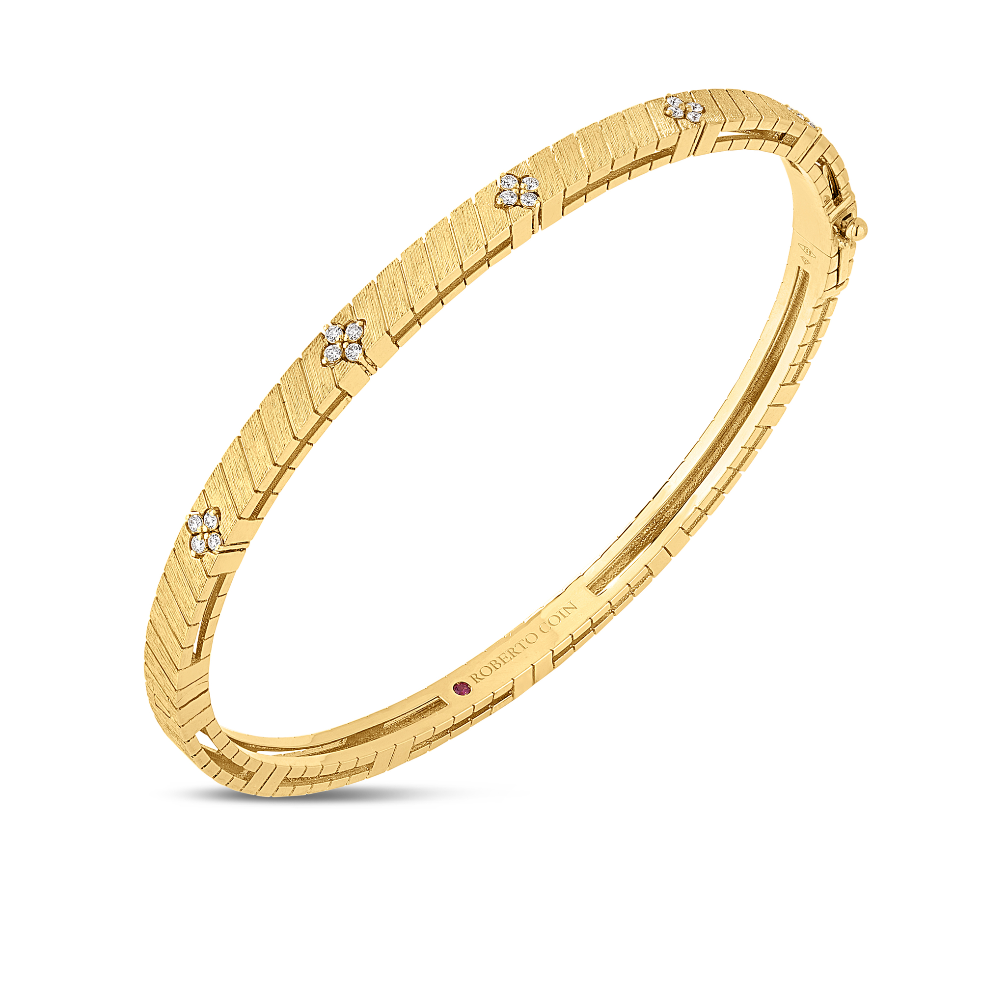18k Yellow Gold Love In Verona Narrow Ridged And Satin Finish Diamond Bangle