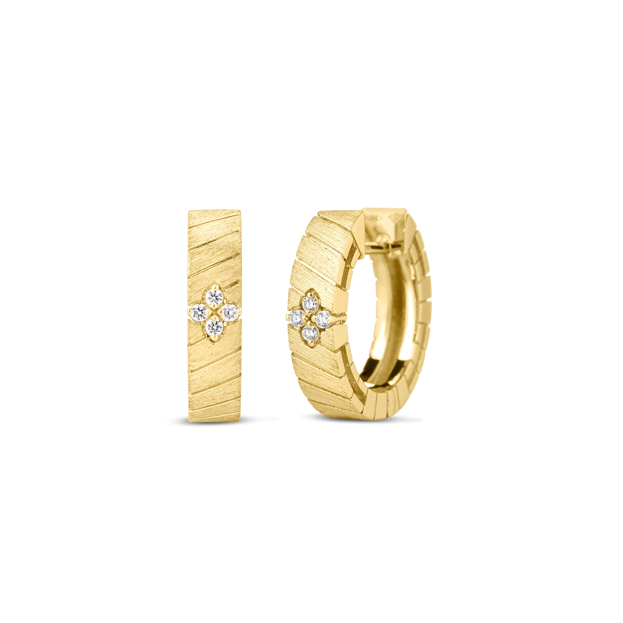 18k Yellow Gold Love In Verona Narrow Ridged And Satin Finish Diamond Hoop Earrings