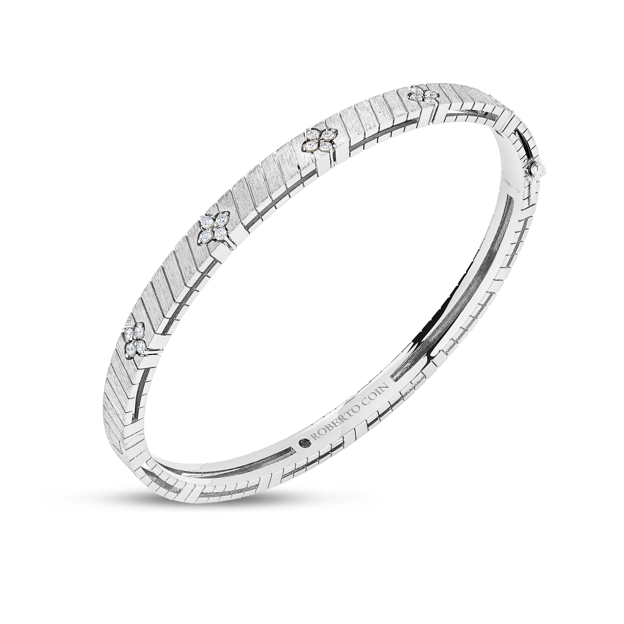 18k White Gold Love In Verona Ridged And Satin Finish Diamond Bangle