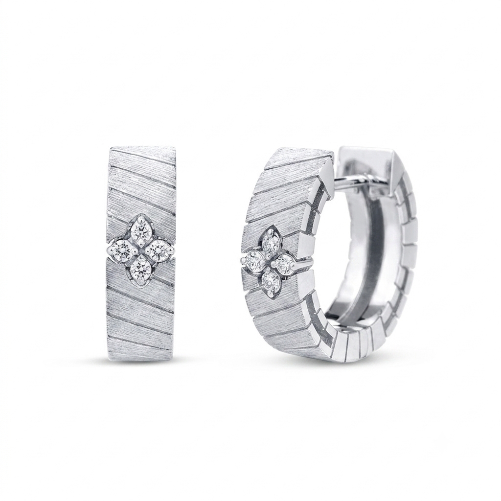 18k White Gold Love In Verona Narrow Ridged And Satin Finish Diamond Hoop Earrings