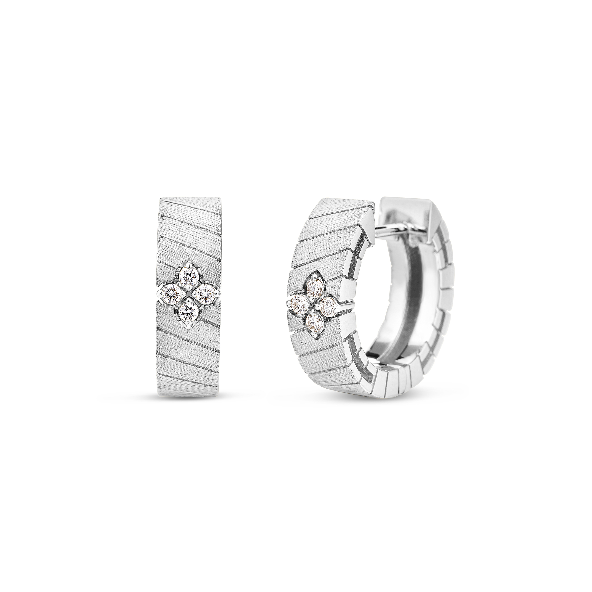 18k White Gold Love In Verona Narrow Ridged And Satin Finish Diamond Hoop Earrings