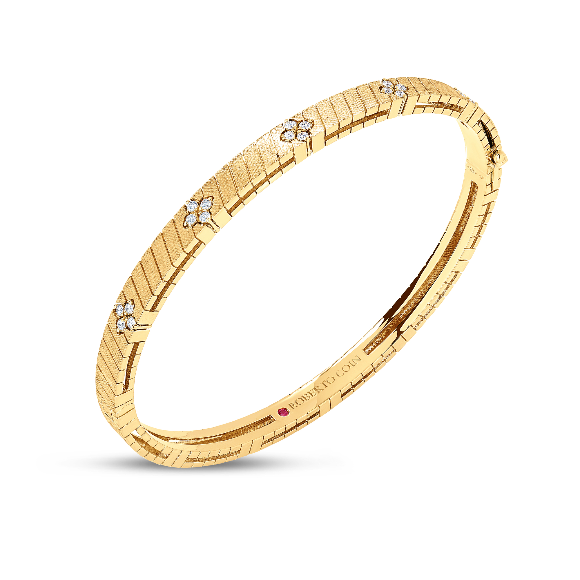 18k Yellow Gold Love In Verona Ridged And Satin Finish Diamond Bangle